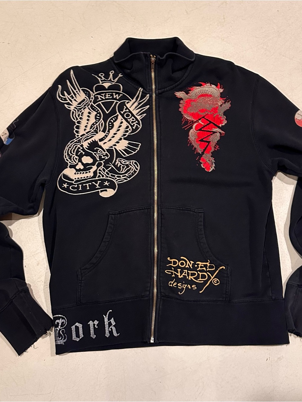 Ed Hardy Black Zip-Up Bomber Jacket with Red & White Graphics